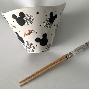 Disney Mickey Mouse Halloween Spiderweb And Bat Ramen Bowl with two chopsticks